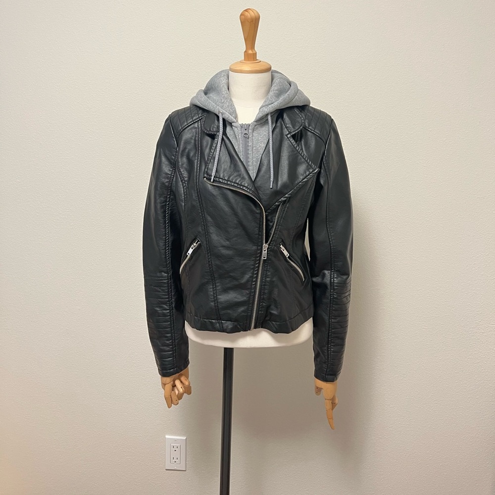 Faux Leather Contrast Hooded Jacket